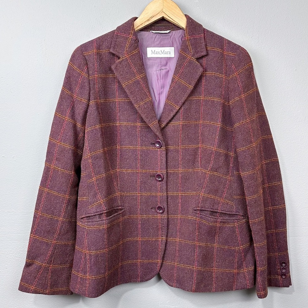 Max Mara Tweed Blazer Jacket Size L Alpaca Wool Purple Windowpane Plaid‎
